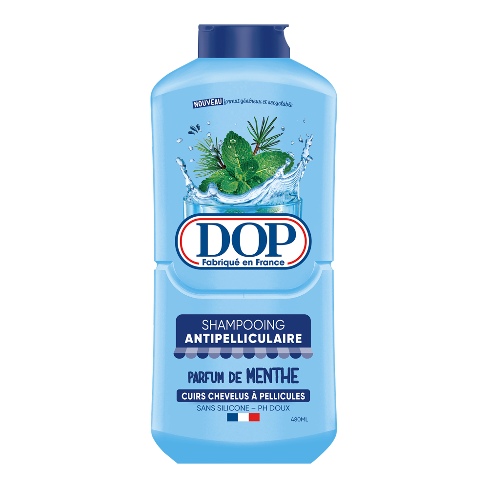 Front view of a blue bottle of DOP Antipelliculaire Shampoo with Mint (Shampooing Antipelliculaire Parfum de Menthe), featuring an image of mint leaves and water splash. The label states it is made in France, designed for dandruff-prone scalps, silicone-free, pH gentle, and has a 480 ml capacity.
