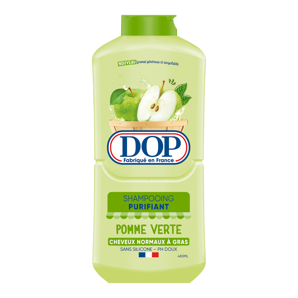 Front view of a light green bottle of DOP Shampooing Purifiant Pomme Verte (Green Apple Purifying Shampoo), featuring an image of fresh green apples. The label states it is made in France, designed for normal to oily hair, silicone-free, pH gentle, and has a 480 ml capacity.