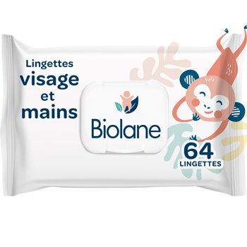 Biolane Baby Face and Hand Wipes – pack of 64 gentle cleansing wipes with playful monkey design, ideal for delicate baby skin on the go.
