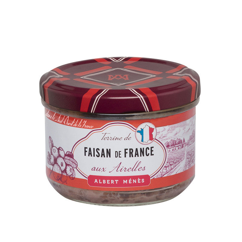 Albert Menes French Pheasant Terrine with Cranberries – rustic terrine loaf with a firm texture, speckled with cranberries, ideal for slicing and charcuterie presentation.

