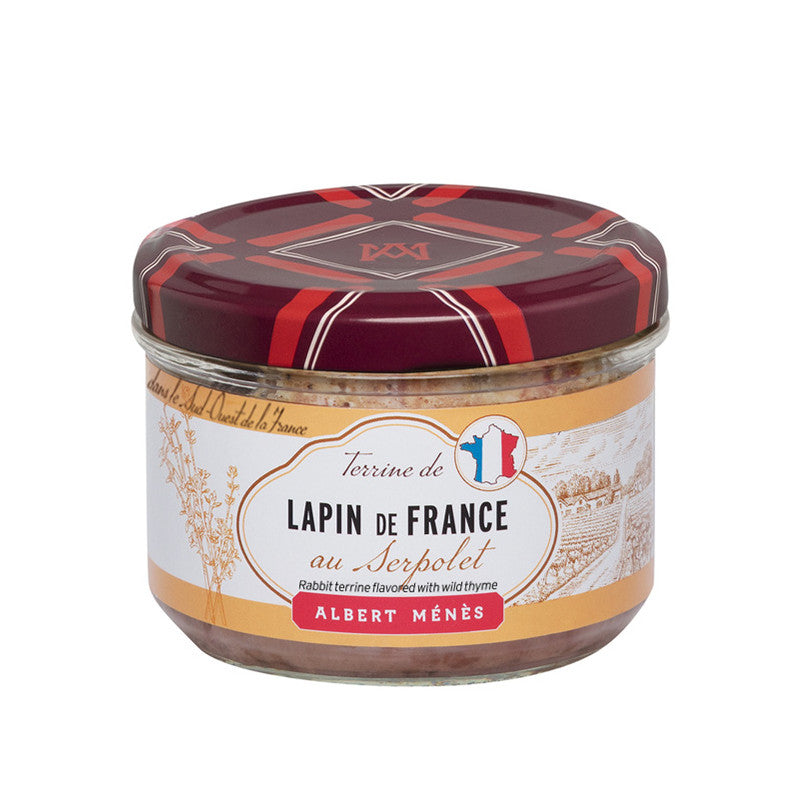 Rabbit Pâté with Wild Thyme – jar of finely textured French pâté with herbal notes, ready for spreading.

