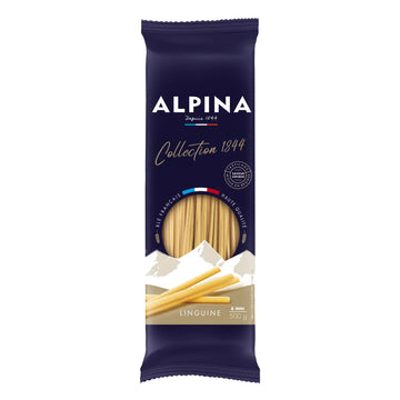 A 500g package of Alpina Collection 1844 Linguine pasta on a solid white background.