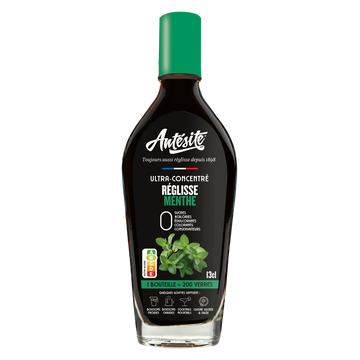 A bottle of Antésite Ultra-Concentré Réglisse Menthe (minted goosefoot) with a bright green cap and black label, shown on a plain white background.