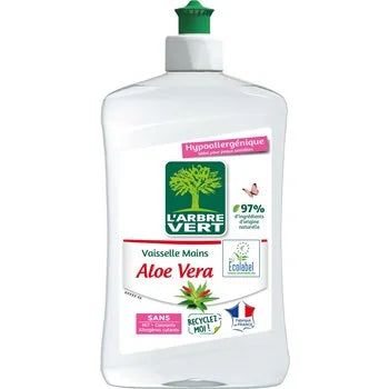 A bottle of L'Arbre Vert Vaisselle Moins Aloe Vera hand wash liquid, featuring a white bottle with a green cap and a detailed multicolor label on a white background.