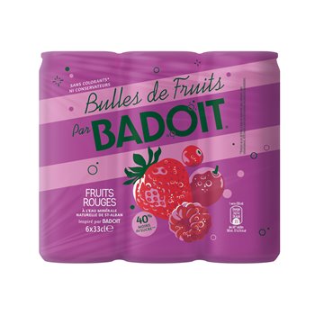 Badoit fruit sparkling water packaging with berries on a white background