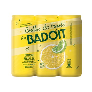 A six-pack of yellow Badoit Bulles de Fruits Citron sparkling drink cans, featuring a prominent yellow label with a lemon slice graphic and green brand lettering.