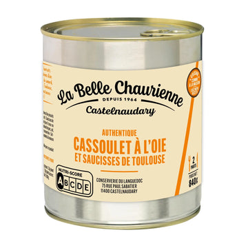 A 840g can of La Belle Chaurienne Castelnaudary authentic Toulouse cassoulet with egg and saucisses, featuring a cream-colored label with orange and black text on a silver metal can.