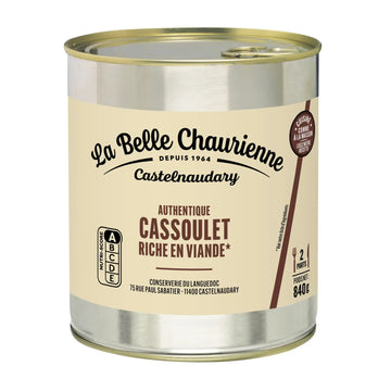 A 840g can of La Belle Chaurienne Castelnaudary Authentic Cassoulet Riche en Viande, featuring a beige label with black and brown text on a silver metal can with a gold lid.