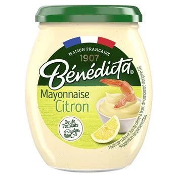 A jar of Bénédicta Mayonnaise Citron with a green lid and a cream-colored mayonnaise inside, featuring a lemon slice and shrimp graphic on the label.