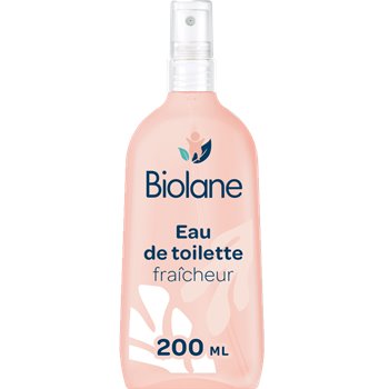 Biolane Freshness Eau de Toilette 200ml in a soft pink spray bottle, designed for delicate baby skin with a fresh, light fragrance.
