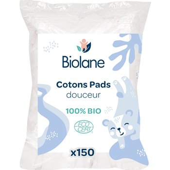 Biolane Organic Douceur Cotton – pack of 150 eco-certified, ultra-soft cotton pads for gentle baby skin care.
