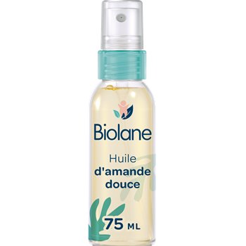 Biolane Sweet Almond Oil Spray 75ml – soothing baby oil in a spray bottle, enriched with pure sweet almond oil for daily skin care.
