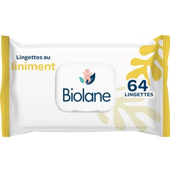 Pack of Biolane Oleo Limestone Liniment Wipes x64, enriched with olive oil and limewater for gentle, protective nappy change care.

