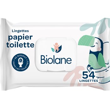 Pack of Biolane Baby Wipes Toilet Paper x54, gentle and biodegradable wipes for baby’s hygiene, ideal for toilet training.
