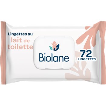 Pack of Biolane Cleansing Milk Wipes x72 with resealable lid, designed for gentle baby care with a no-rinse, moisturising formula.

