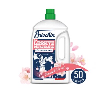2.27 L canister of Briochin Ecocert black soap laundry detergent with measuring cap—natural stain remover for sustainable laundry care.

