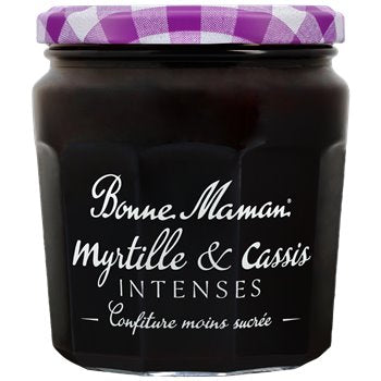 "Glass jar of Bonne Maman Confiture with red gingham lid and handwritten-style label, French fruit jam."
