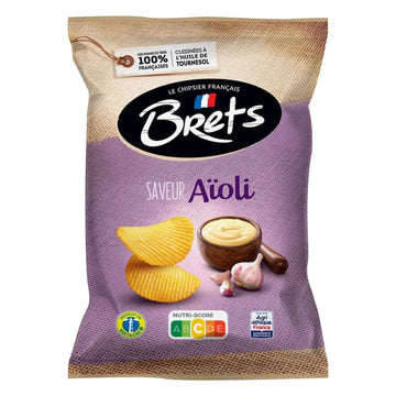 Bag of Brets potato chips with aïoli flavor on a white background