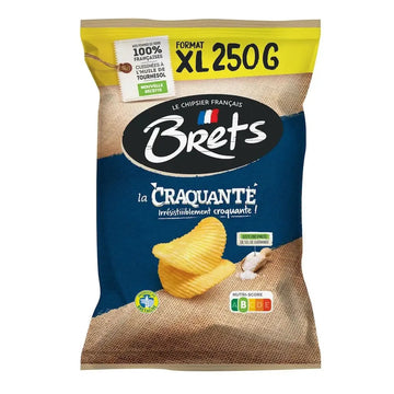 Bags of Brets chips with a blue and yellow design on a white background