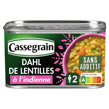 A can of Cassegrain Dahl de Lentilles à l'indienne (Indian Lentil Soup) on a plain white background. The label features a dark green and black design with pink accents, a bowl of the prepared lentil soup, and a Nutri-Score A rating badge.