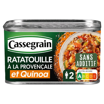 A can of Cassegrain Ratatouille à la Provencale et Quinoa, a French canned pet food product, shown on a plain white background. The label features green, white, and orange colors with a photo of a prepared dish.