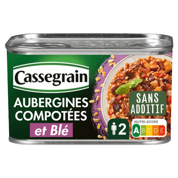 A can ofassegrain Aubergines Compotées et Blé, featuring a green and white label with a photo of cooked aubergines and wheat, on a plain white background.