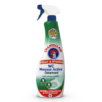 Chanteclair WC Mousse Active Détertrant 625 ml — toilet foam descaling spray bottle with green label, trigger spray, and hygiene logo.