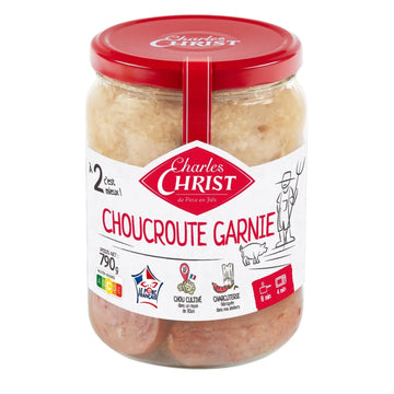 A glass jar of Charles Christ Choucroute Garnie with a red lid and white label, shown on a plain white background.