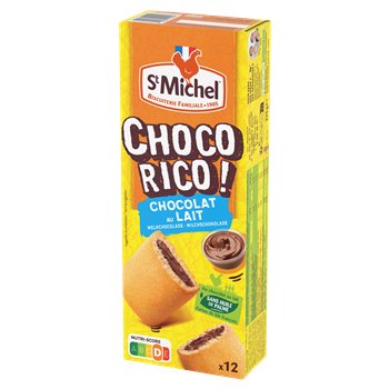 Packaging of Chocorico St Michel Biscuit 225g showing 12 individually wrapped sponge-style biscuits filled with milk chocolate, made by St Michel. The yellow and orange box features a swirl of chocolate filling and the St Michel logo.
