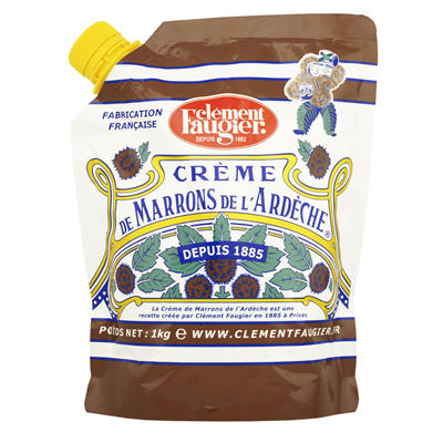 1 kg pouch of Clément Faugier Crème de Marrons de l’Ardèche with yellow cap, featuring vintage-style blue, gold, and white French design and the label “Depuis 1885