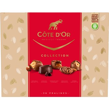 Côte d'Or chocolate collection packaging with pralines on a beige and red background