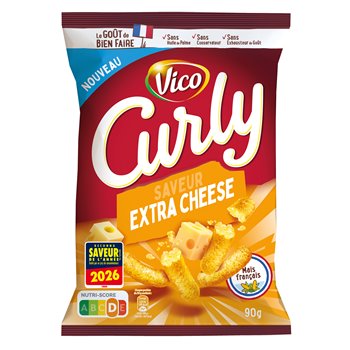 A 90g bag of Vico Curly Saveur Extra Cheese potato chips on a plain white background. The packaging features a deep red background with a large white 'Curly' logo, a blue 'NOUVEAU' banner, and an orange-yellow section showing the cheese-flavored chips.
