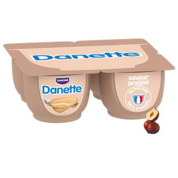 Danette Praliné Dessert Cream 4-pack – creamy hazelnut-flavoured dessert in individual 125g pots, presented in branded brown and gold packaging.
