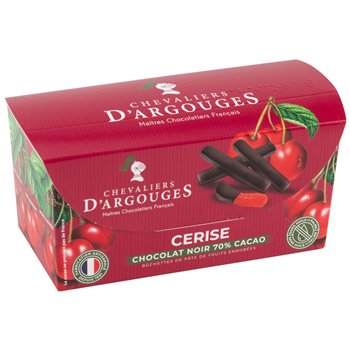 Box of Les Chevaliers d’Argouges Dark Chocolate Cherry Logs 150 g – 70% dark chocolate-coated candied cherry logs, French artisan chocolatier product.