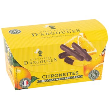 Box of Les Chevaliers d’Argouges Citronettes Dark Chocolate 70% – 170 g, candied lemon peel slices coated in 70% dark chocolate, French artisan chocolatier product.