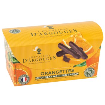 Box of Les Chevaliers d’Argouges candied orange peel slices coated in dark chocolate (70% cocoa), 190 g French artisan confection.