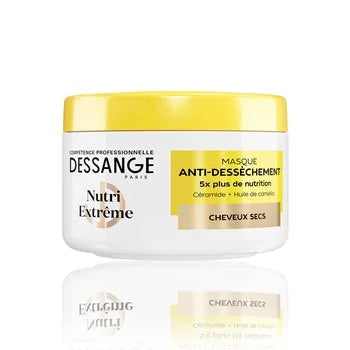 A white plastic jar of Dessange Paris Nutri Extreme Anti-Dessèchement Masque for dry hair, featuring a bright yellow lid and a yellow and white label.