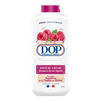 DOP shower cream bottle with raspberry design on a white background