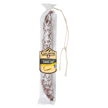 Galibier Dry Sausage with AOP Comté Cheese 200 g in clear packaging, showing a white-cured saucisson tied with string and a label featuring the Galibier logo and Comté cheese illustration