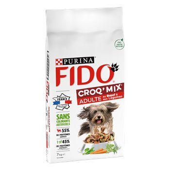 A bag of Purina Fido Croq' Mix adult dog food with a picture of a dog on the front, indicating the product is for dogs.