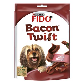 Packaging of Fido Purina Dog Food Bacon Twist featuring an image of a dog with the product and the brand name visible.
