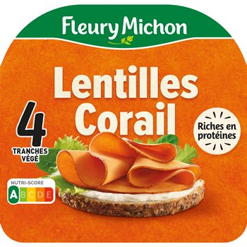Packaging of Fleury Michon Coral Lentil Slices (4 slices, 120g), featuring a sandwich with rolled orange lentil-based slices on a piece of whole grain bread. The label highlights “Rich in Protein,” “4 Veggie Slices,” and Nutri-Score A, all set against a bright orange background.
