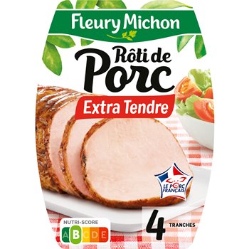 Packaging of Fleury Michon Extra Tender Pork Roast – 4 slices (160g), showing sliced roast pork on a white plate with a salad in the background. Label highlights “Le Porc Français” certification, “Nutri-Score C,” and “Extra Tendre” in red text, all set on a checkered tablecloth.