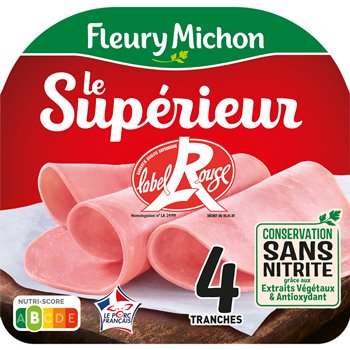 Fleury Michon Label Rouge ham packaging with four rolled slices, red and green label highlighting no nitrite preservation, Nutri-Score A, and French origin badge.
