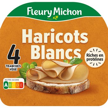 Packaging of Fleury Michon White Bean Slices (Haricots Blancs) – 4 vegetarian slices, 120g. The label highlights “Rich in protein,” “Nutri-Score A,” and “4 veggie slices,” with an image of the bean-based slices arranged on a slice of rustic bread, set against an orange background.