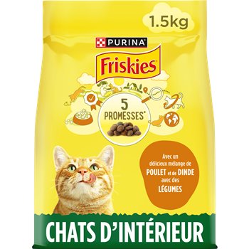A bag of Friskies Chicken & Vegetable Croquettes cat food, 1.5kg size, with an image of a cat on the front.