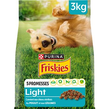A bag of Friskies Chicken & Vegetable Light Dog Food with a picture of a dog playing on grass on the front.