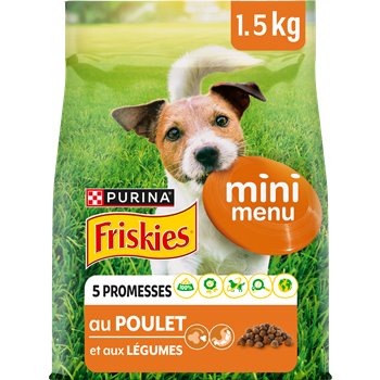 A package of Friskies mini menu dog food with chicken and vegetables flavor, featuring an image of a small dog holding a bone-shaped treat and the weight indication of 1.5 kg.