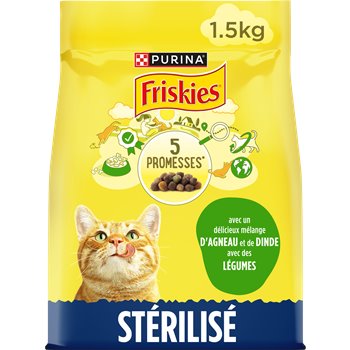 A package of Friskies Sterilized Cat Food with a picture of a cat on the front, indicating it contains lamb and vegetables, and weighs 1.5kg.