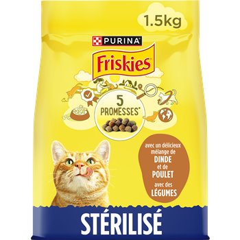 A bag of Friskies Turkey & Vegetable Cat Food. The packaging is primarily yellow with images of a cat and a chicken.